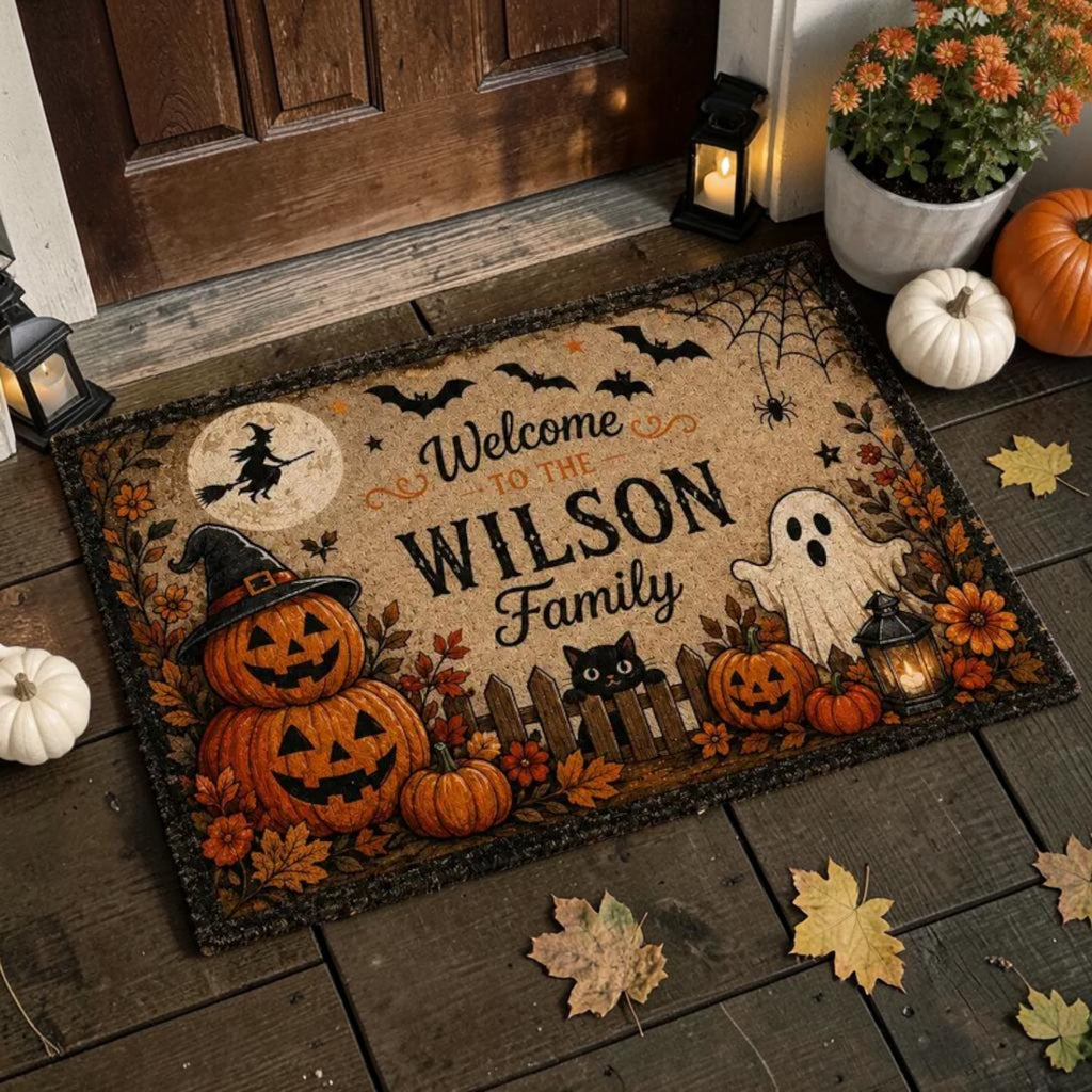 Personalized Family Name Welcome Halloween Pumpkins Ghost Doormat