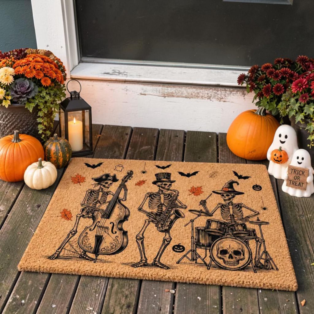 Spooky Skeleton Jazz Band Playing Music Halloween Welcome Doormat