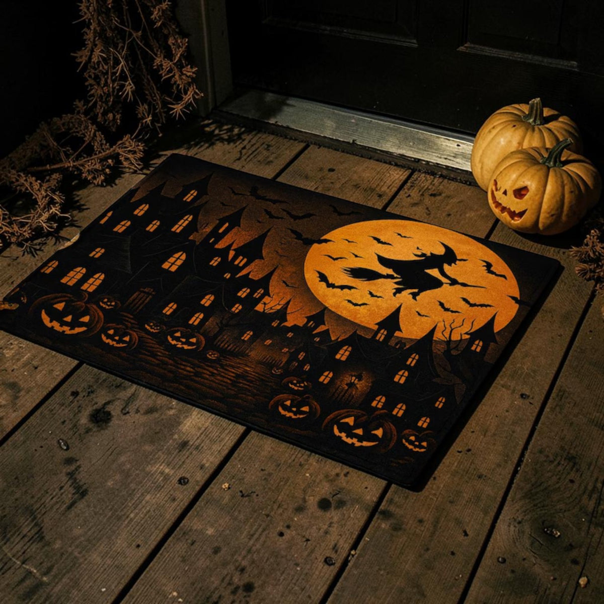 Flying Witch Full Moon Haunted Village Halloween Doormat