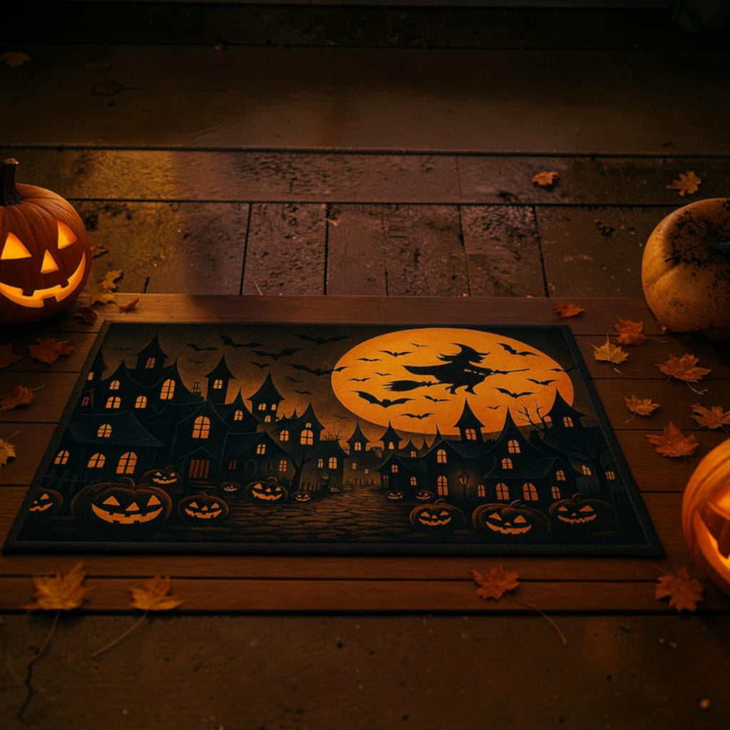Flying Witch Full Moon Haunted Village Halloween Doormat