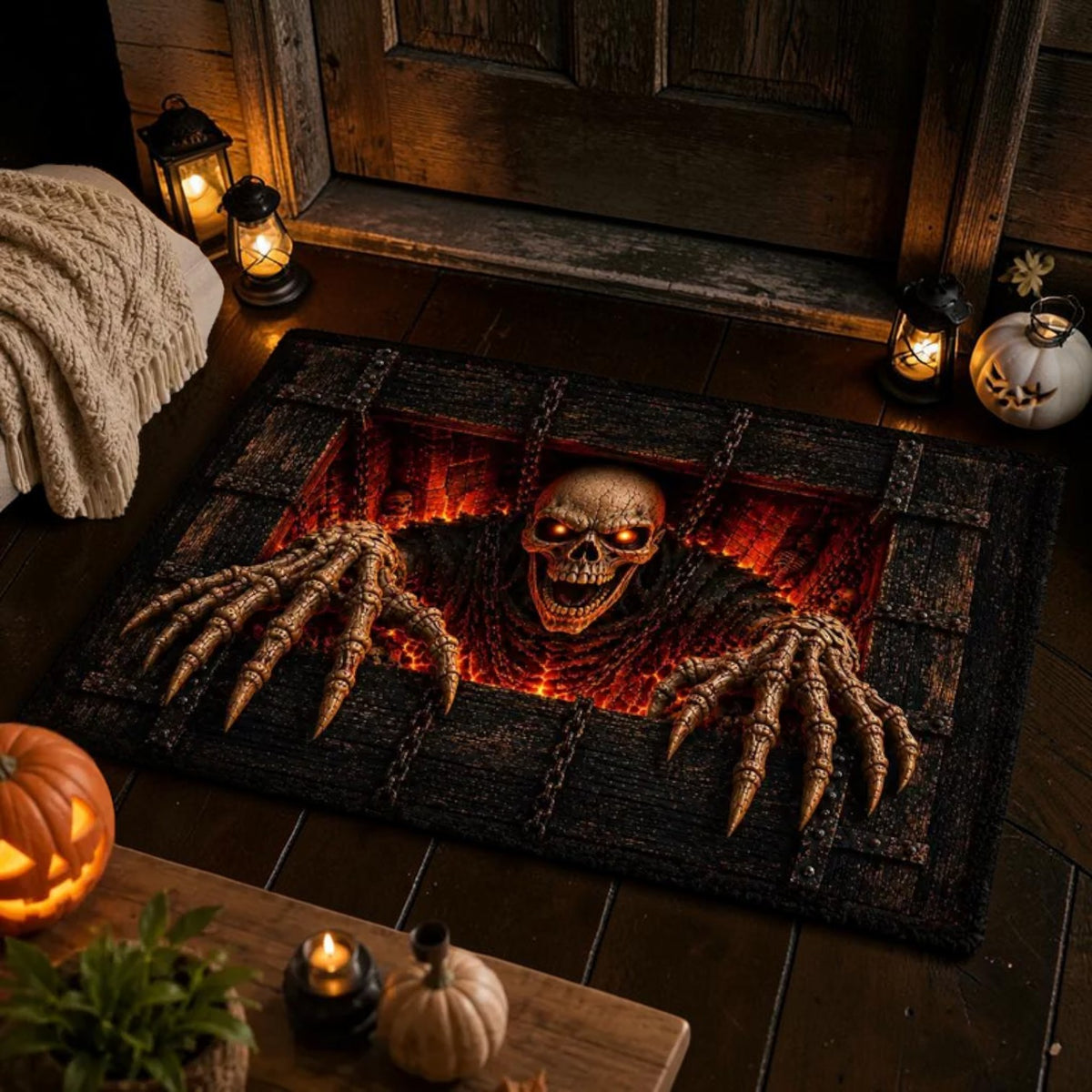 Scary 3D Lava Demon Skull Escaping Wooden Trap Doormat