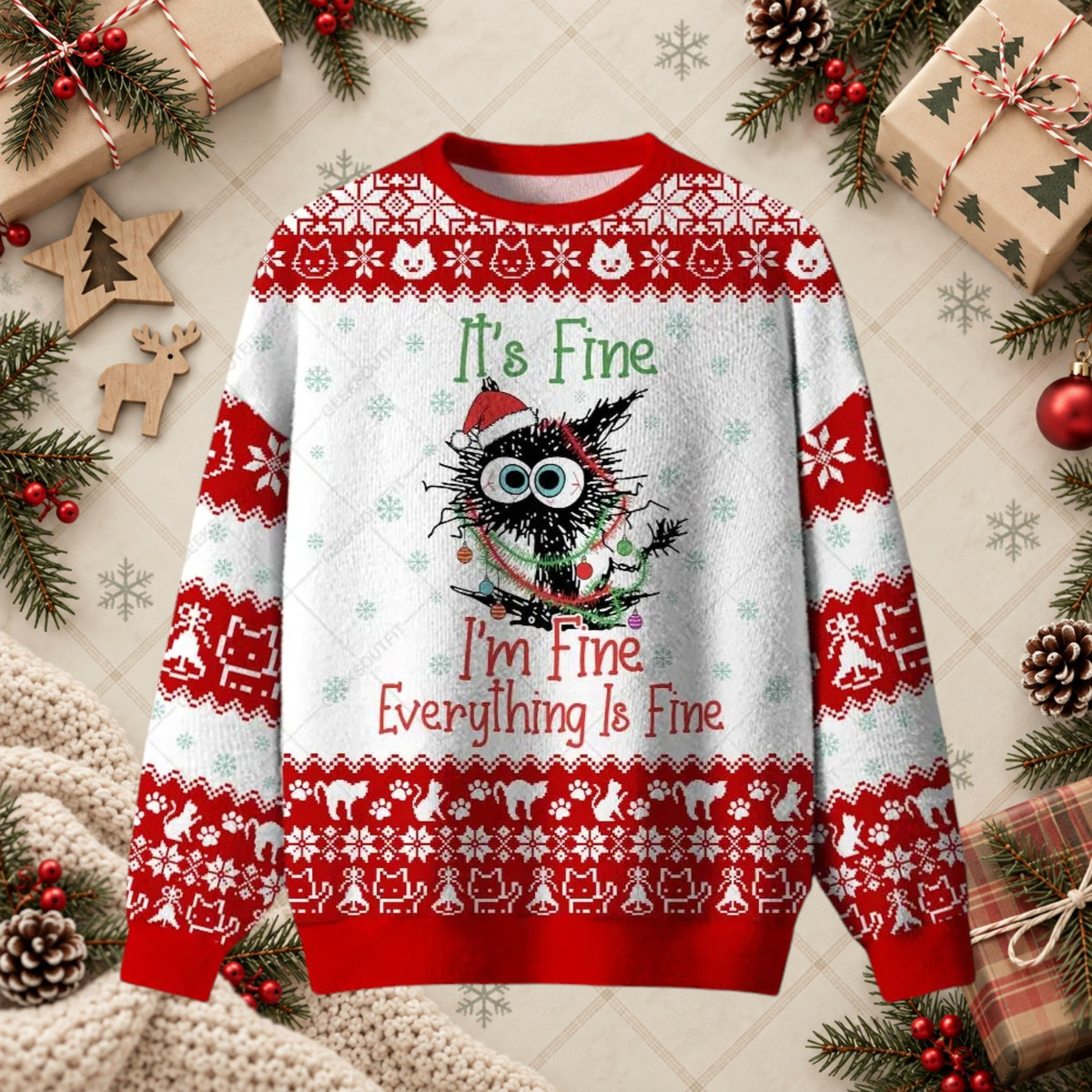 It's Fine I'm Fine Cat Ugly Christmas Sweater - Funny Tangled Lights Holiday Sweatshirt
