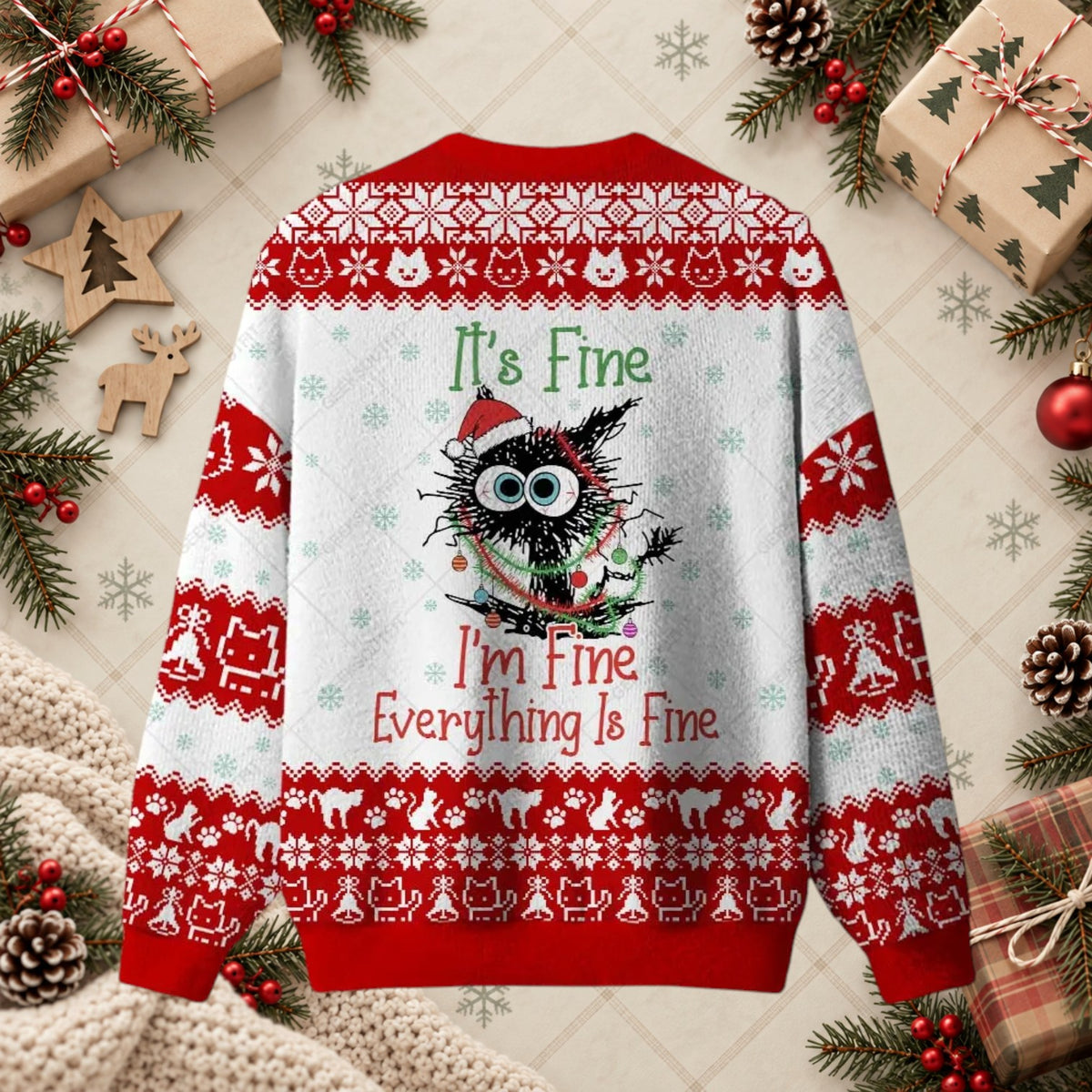 It's Fine I'm Fine Cat Ugly Christmas Sweater - Funny Tangled Lights Holiday Sweatshirt