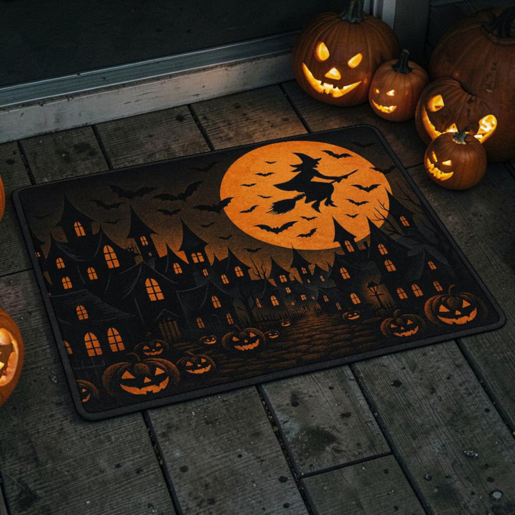 Flying Witch Full Moon Haunted Village Halloween Doormat
