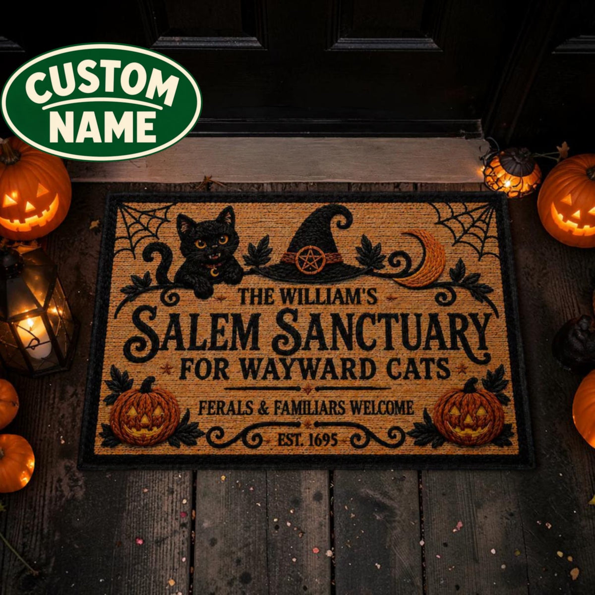 Custom Name Salem Sanctuary Black Cat Halloween Doormat