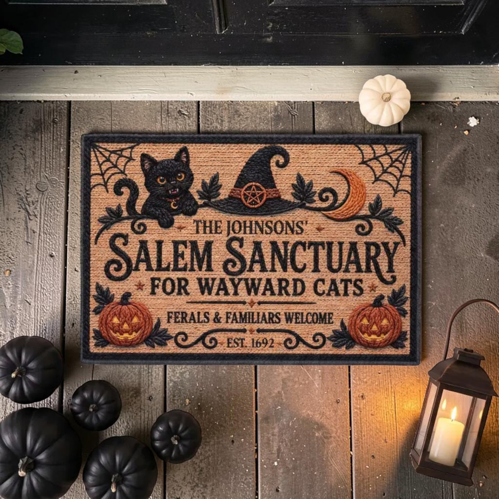 Custom Name Salem Sanctuary Black Cat Halloween Doormat
