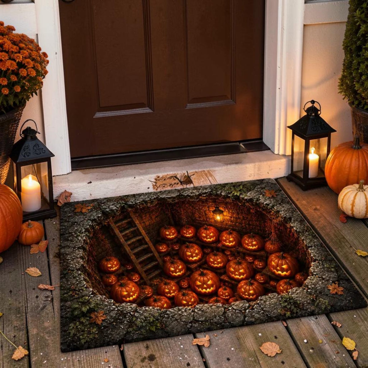 Creepy 3D Glowing Jack-O-Lantern Pumpkin Pit Illusion Doormat