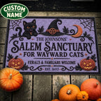 Personalized Purple Salem Sanctuary Black Cat Halloween Doormat