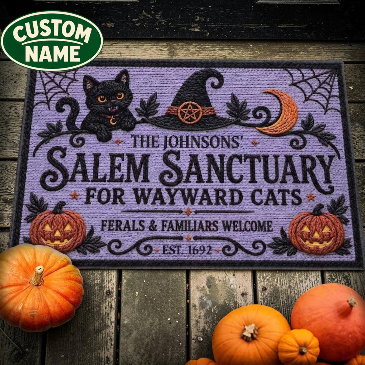 Personalized Purple Salem Sanctuary Black Cat Halloween Doormat