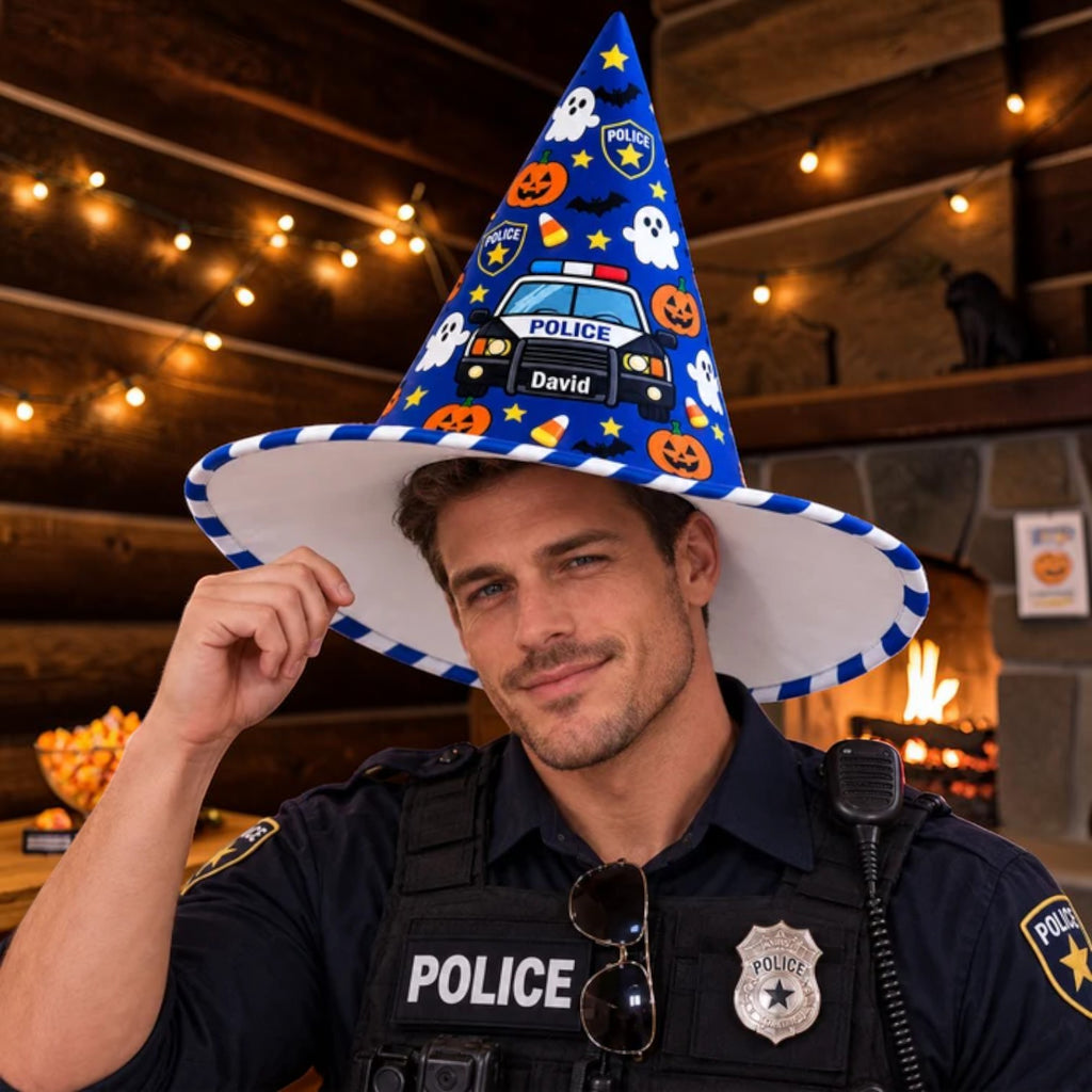 Personalized Blue Police Car and Ghost Kids Witch Hat