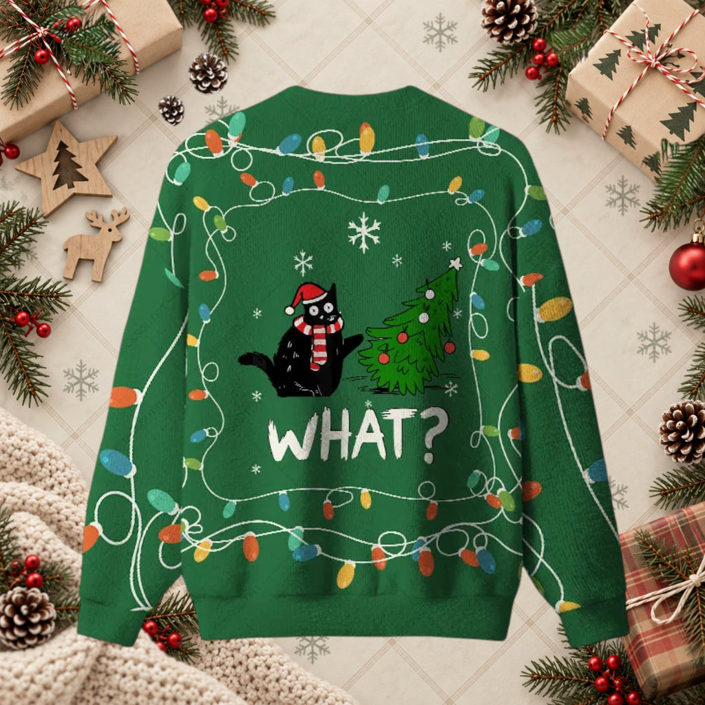 Funny Black Cat What Christmas Tree Ugly Holiday Sweater
