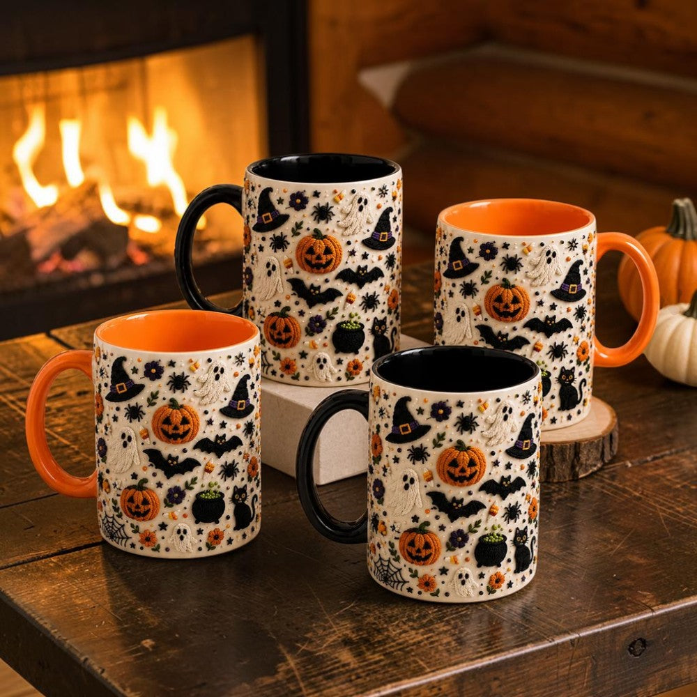 Faux Embroidery Halloween Mug Cute 3D Look Spooky Coffee Cup