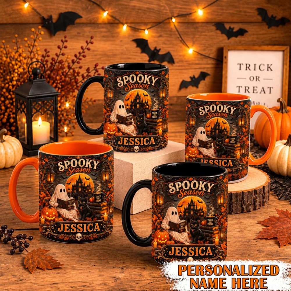 Personalized Spooky Season Mug Vintage Ghost & Black Cat Cup