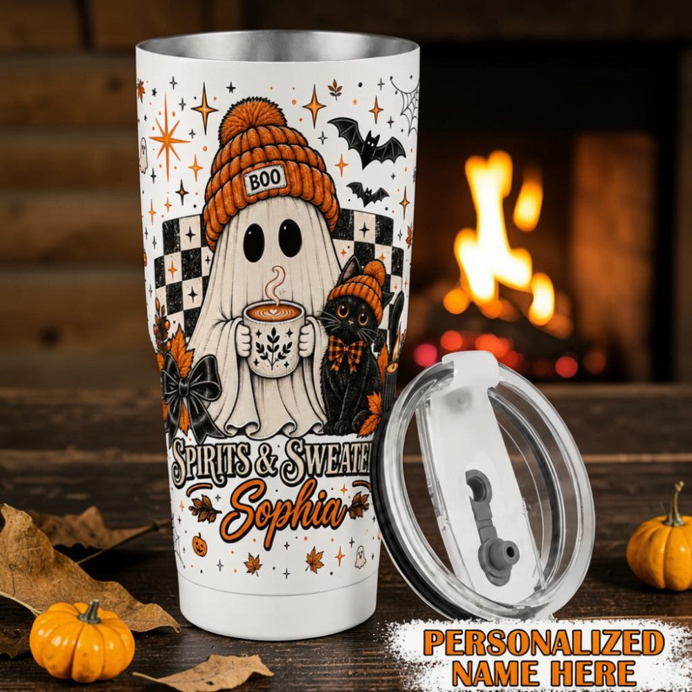 Personalized Spirits & Sweaters Mug Cute Ghost Fall Tumbler