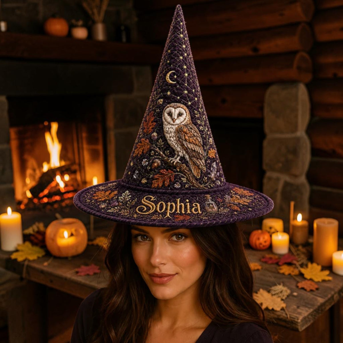 Personalized Autumn Owl and Foliage Quilted Purple Witch Hat
