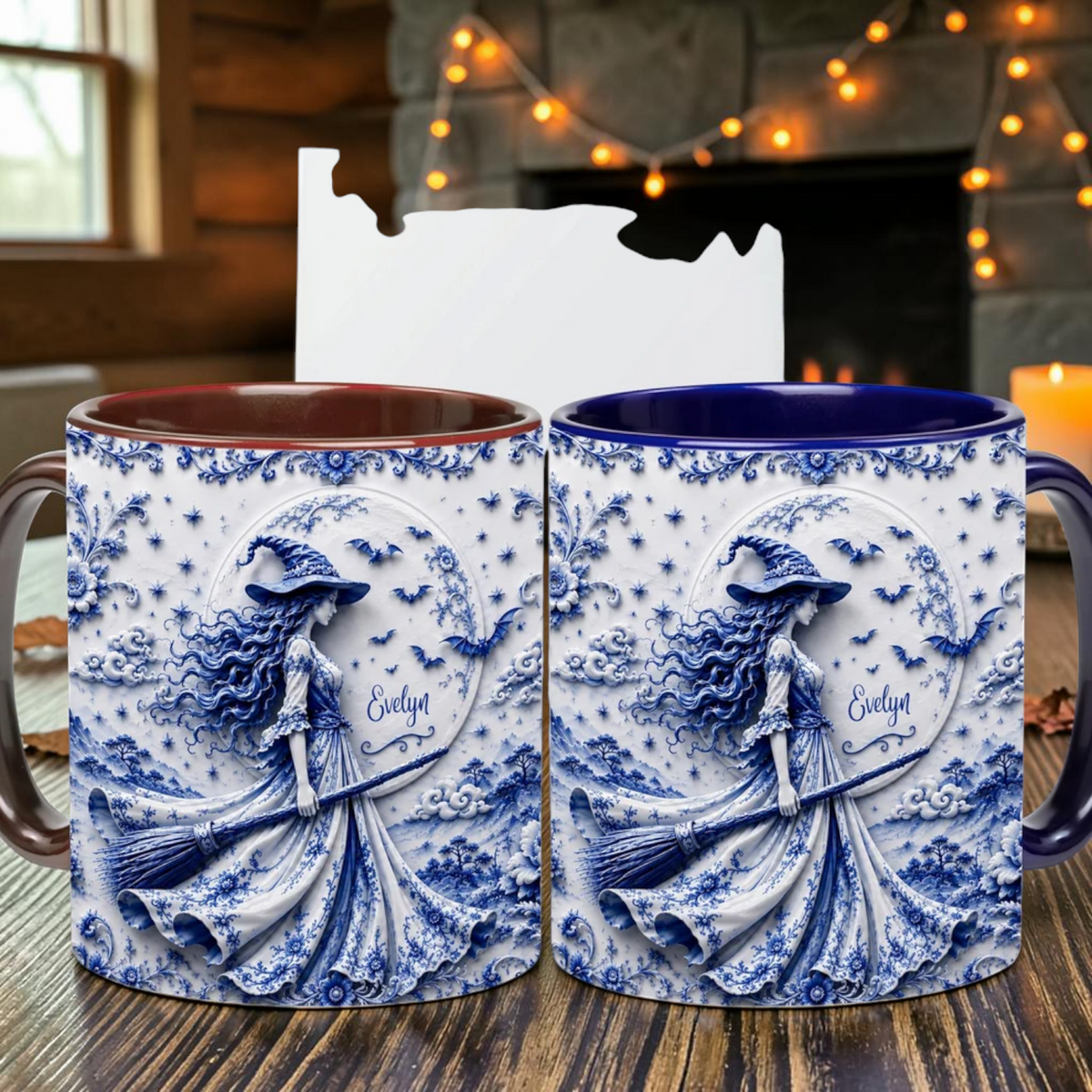 Personalized Blue Toile Witch Mug Vintage 3D Look Halloween Cup