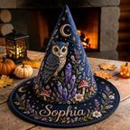 Personalized Celestial Owl and Crystal Navy Blue Witch Hat
