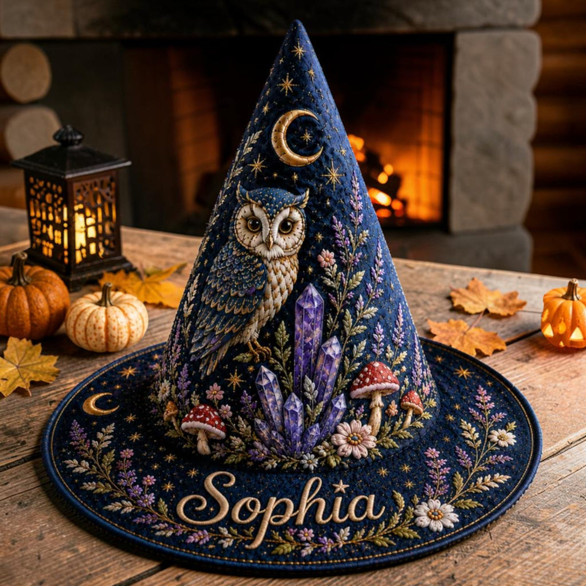 Personalized Celestial Owl and Crystal Navy Blue Witch Hat