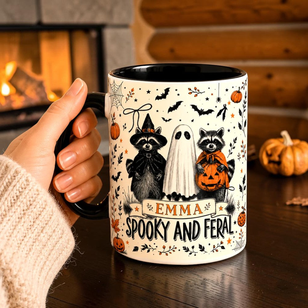 Personalized Spooky and Feral Mug Funny Raccoon Halloween Cup