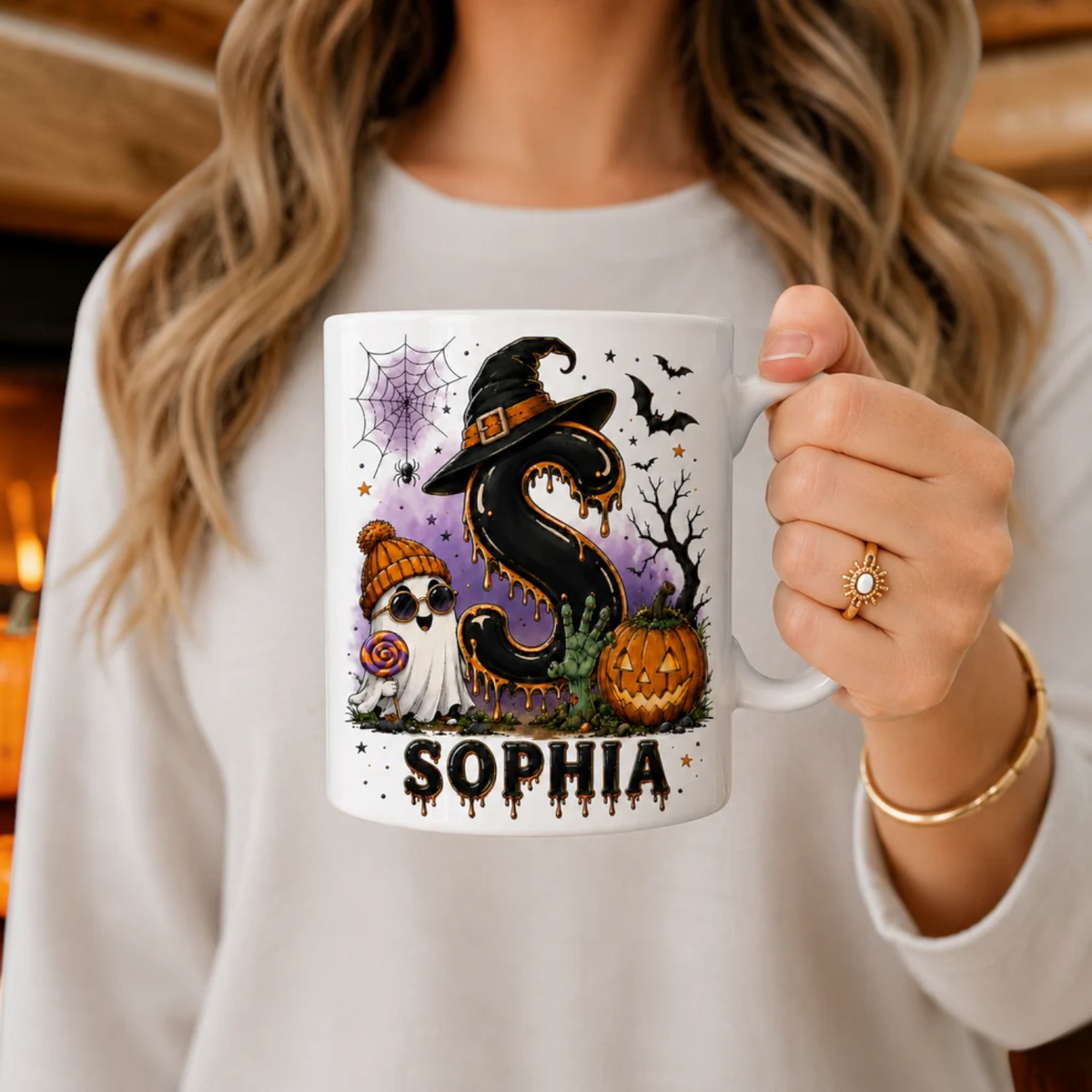 Personalized Initial Halloween Mug Cute Ghost & Witch Hat Cup