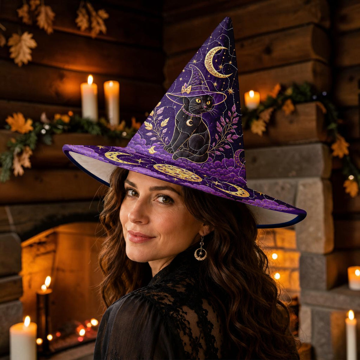 Personalized Purple Witch Hat with Black Cat and Moon