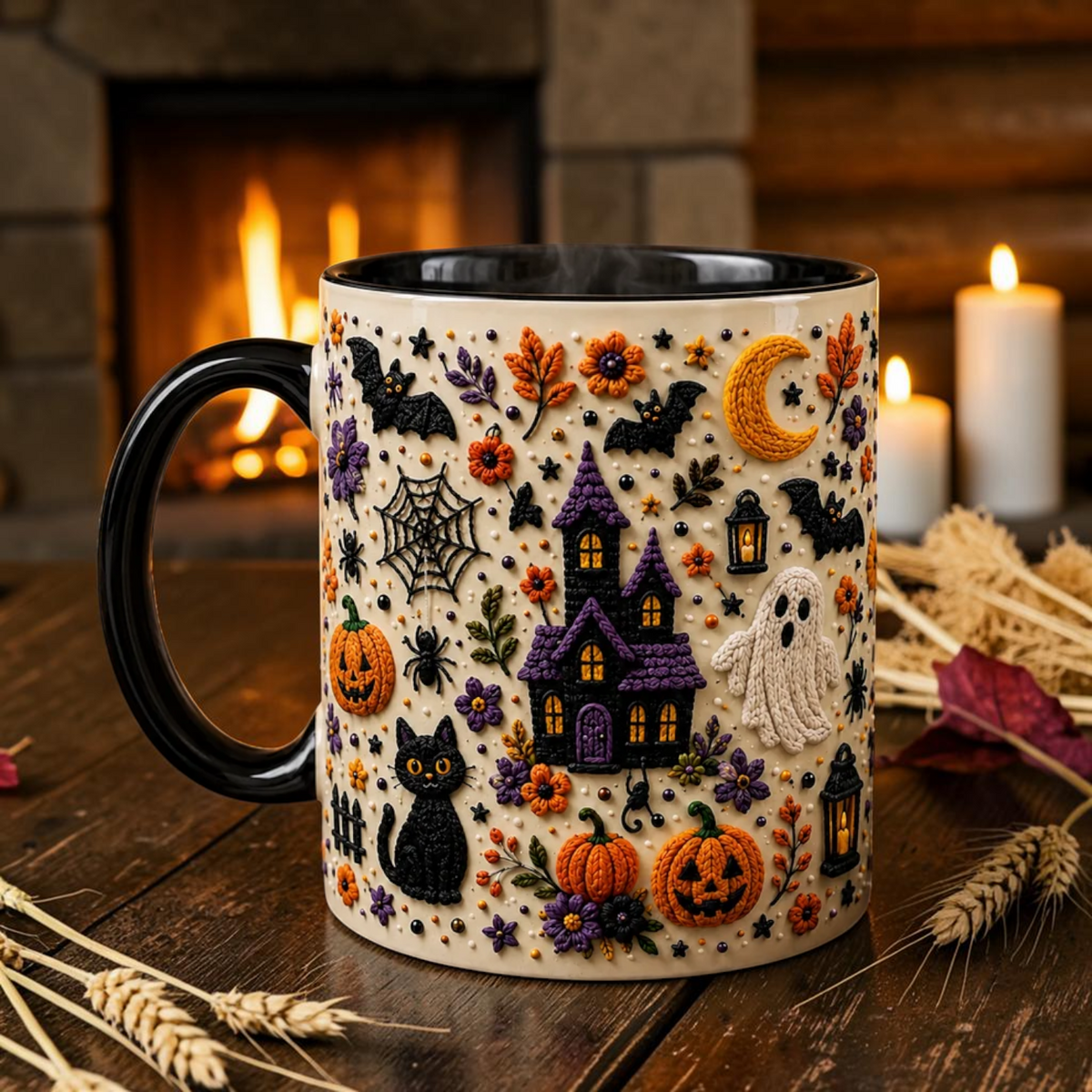 Faux Embroidery Haunted House Mug Cute Crochet Look Halloween Cup