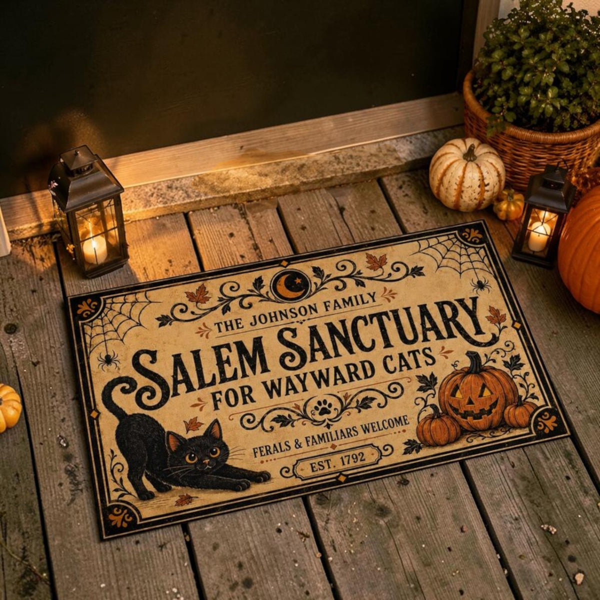 Personalized Vintage Salem Sanctuary Black Cat Halloween Doormat