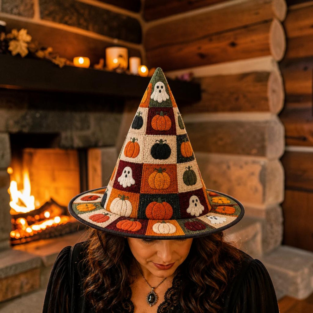 Cozy Knitted Pumpkin and Ghost Patchwork Style Witch Hat