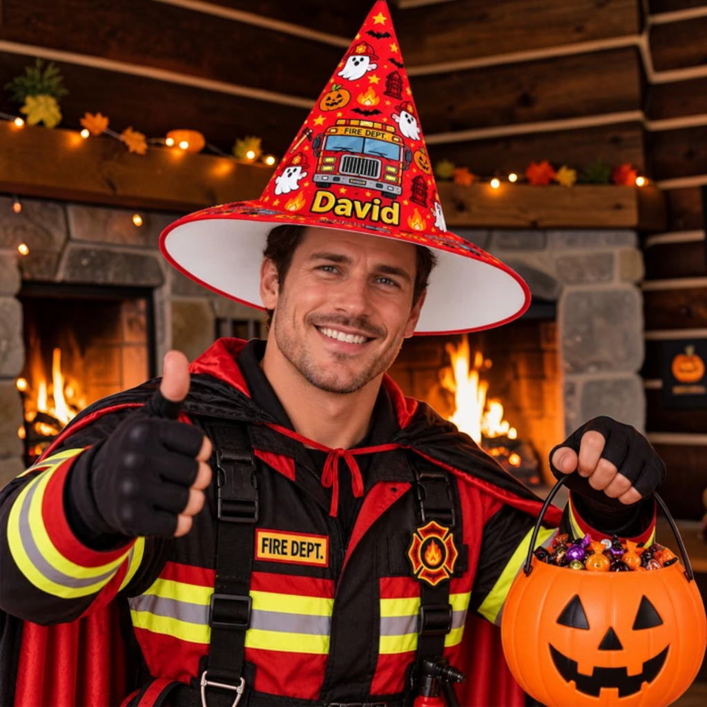 Personalized Red Fire Truck and Ghost Kids Witch Hat