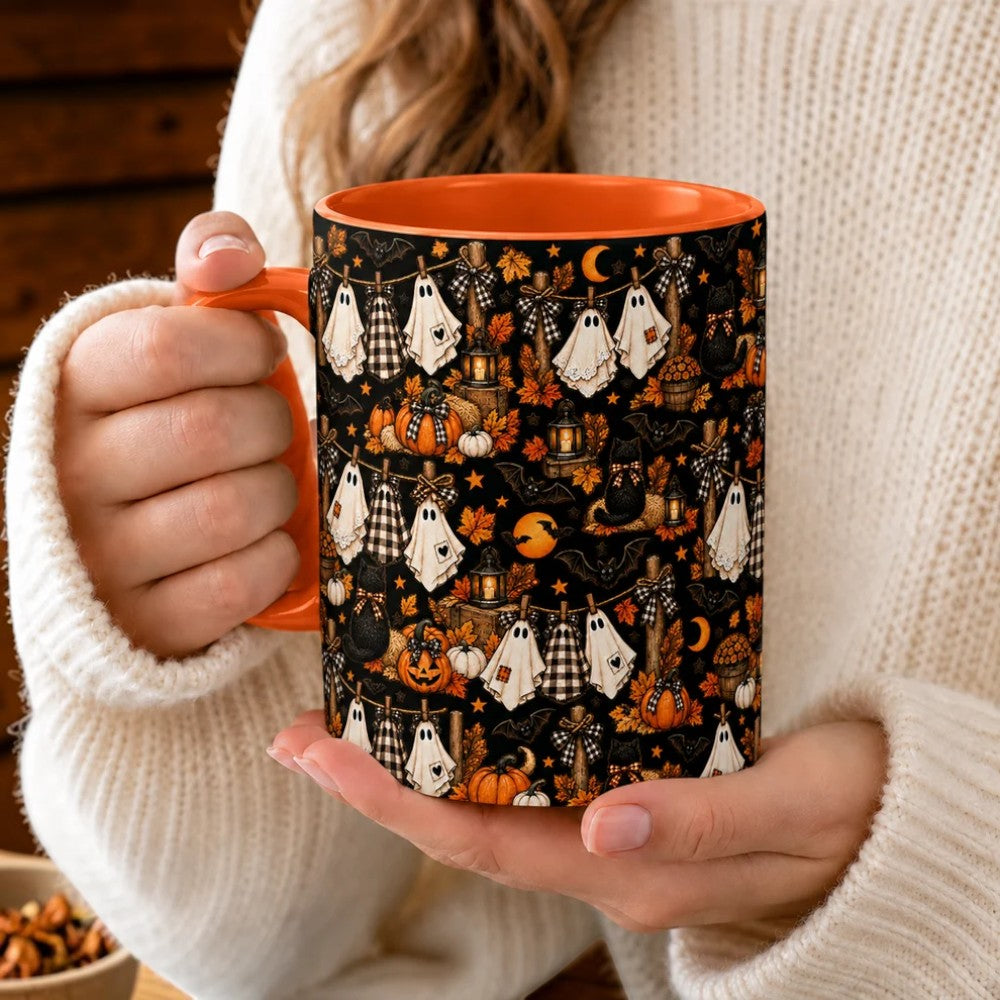 Cute Clothesline Ghosts Coffee Cup Cozy Fall Pattern Drinkware