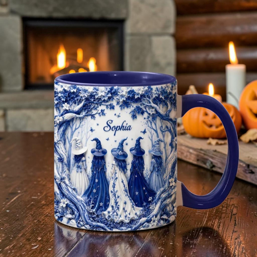 Personalized Blue Toile Coven Mug Vintage Witch Sisterhood Cup