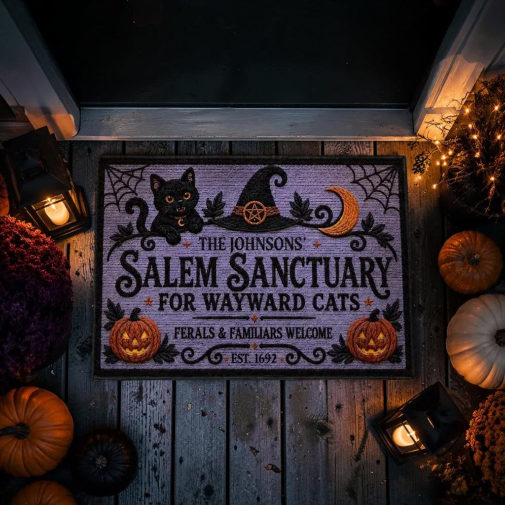 Personalized Purple Salem Sanctuary Black Cat Halloween Doormat