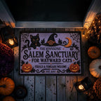 Personalized Purple Salem Sanctuary Black Cat Halloween Doormat
