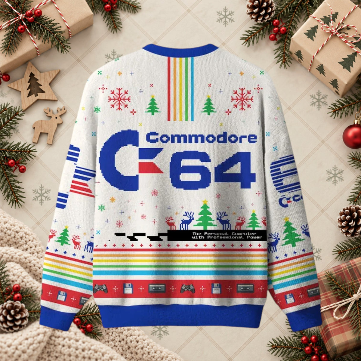 Commodore 64 Retro Computer Ugly Christmas Sweater - 8-Bit Gamer Holiday Shirt