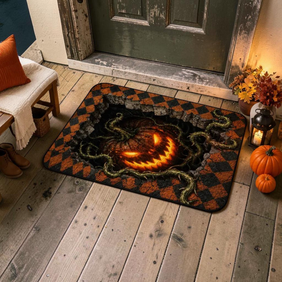 Scary 3D Glowing Evil Pumpkin Vines Illusion Doormat