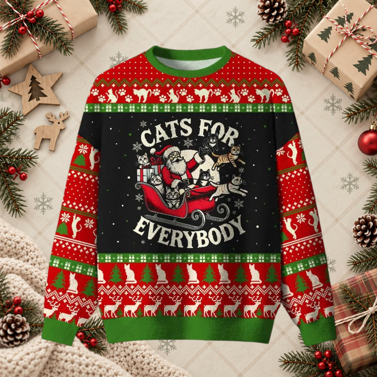 Cats For Everybody Santa Sleigh Funny Ugly Christmas Sweater