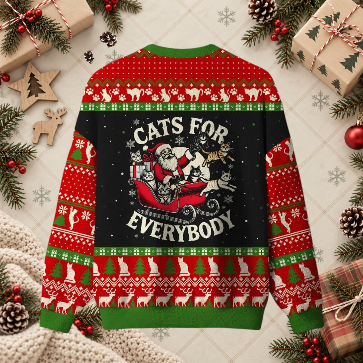 Cats For Everybody Santa Sleigh Funny Ugly Christmas Sweater