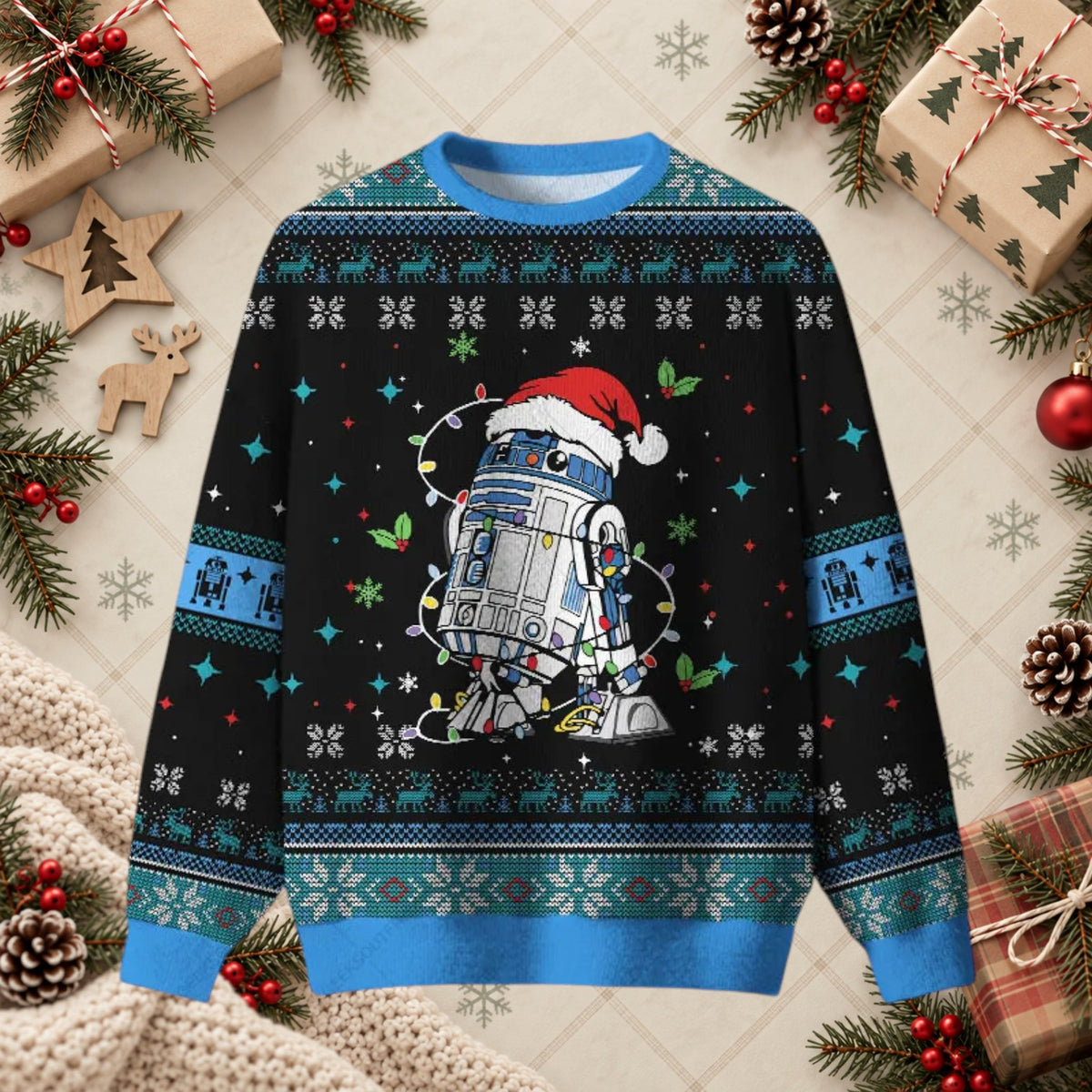 Space Robot Tangled in Lights Sci-Fi Ugly Christmas Sweater - Geek Holiday Shirt