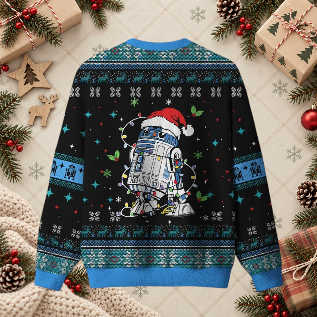 Space Robot Tangled in Lights Sci-Fi Ugly Christmas Sweater - Geek Holiday Shirt