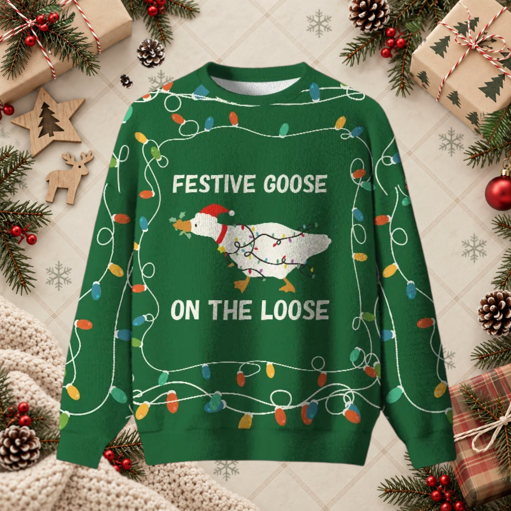 Festive Goose On The Loose Ugly Christmas Sweater - Funny Gamer Meme Holiday Pullover