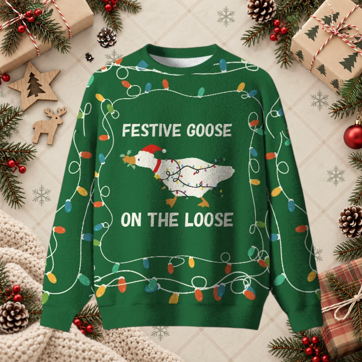 Festive Goose On The Loose Ugly Christmas Sweater - Funny Gamer Meme Holiday Pullover