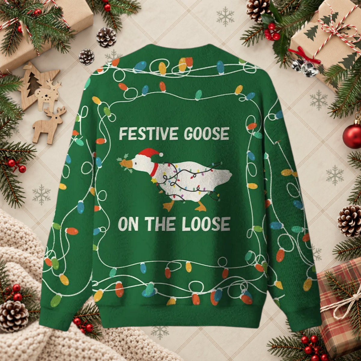 Festive Goose On The Loose Ugly Christmas Sweater - Funny Gamer Meme Holiday Pullover