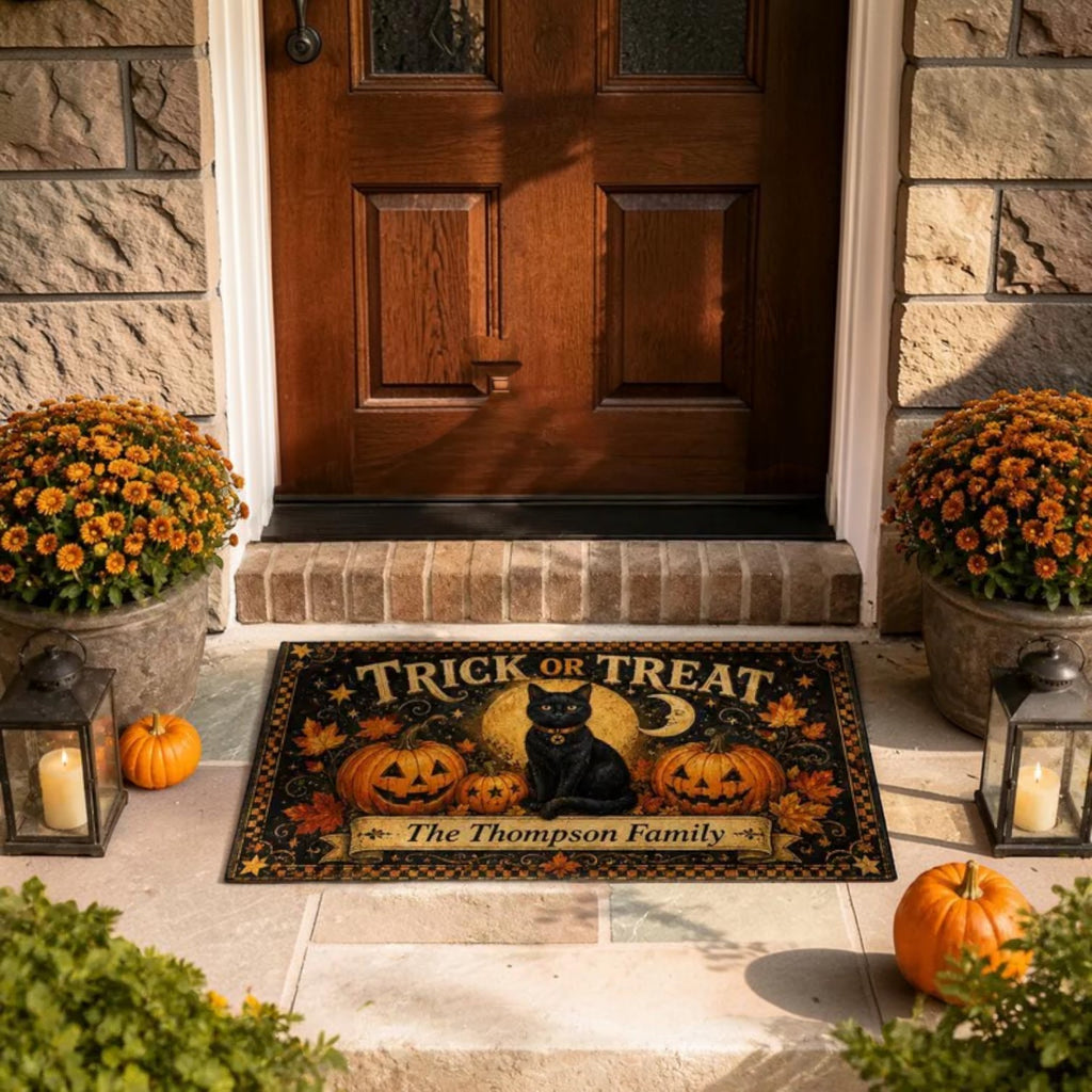 Custom Family Name Black Cat Trick Or Treat Doormat