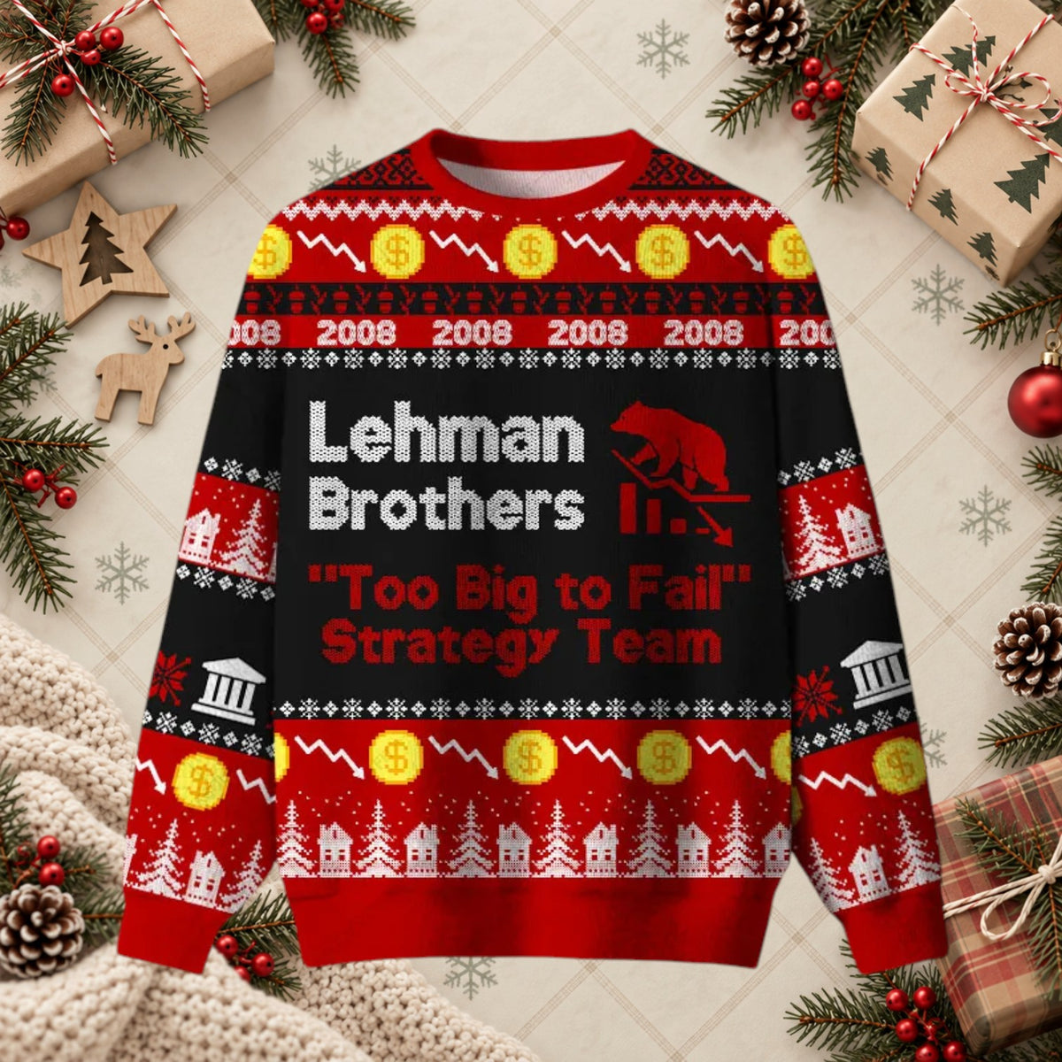 Lehman Brothers 2008 Strategy Team Ugly Christmas Sweater - Finance Humor Holiday Shirt