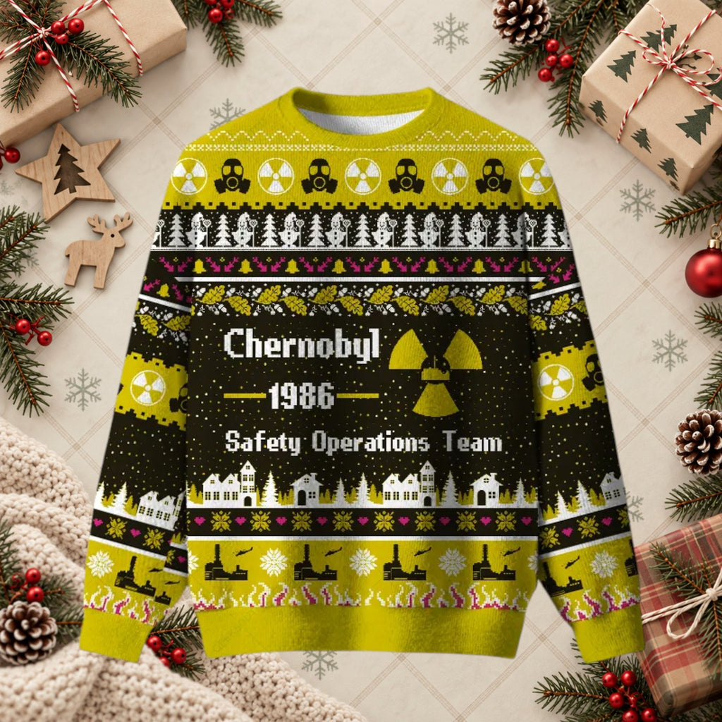 Funny Chernobyl 1986 Ugly Christmas Sweater - Yellow Safety Operations Team Holiday Shirt