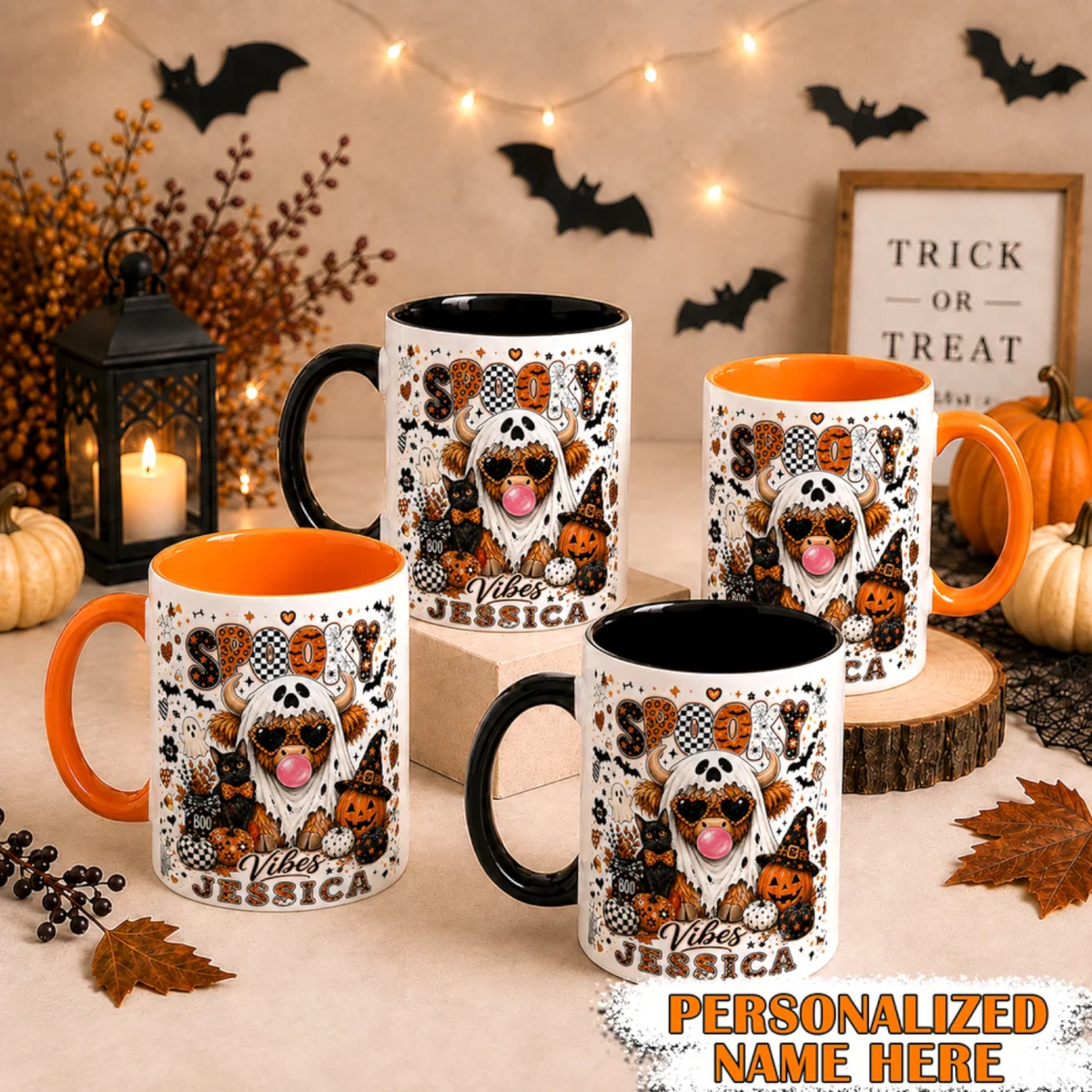 Personalized Spooky Vibes Highland Cow Mug Cute Ghost Cup
