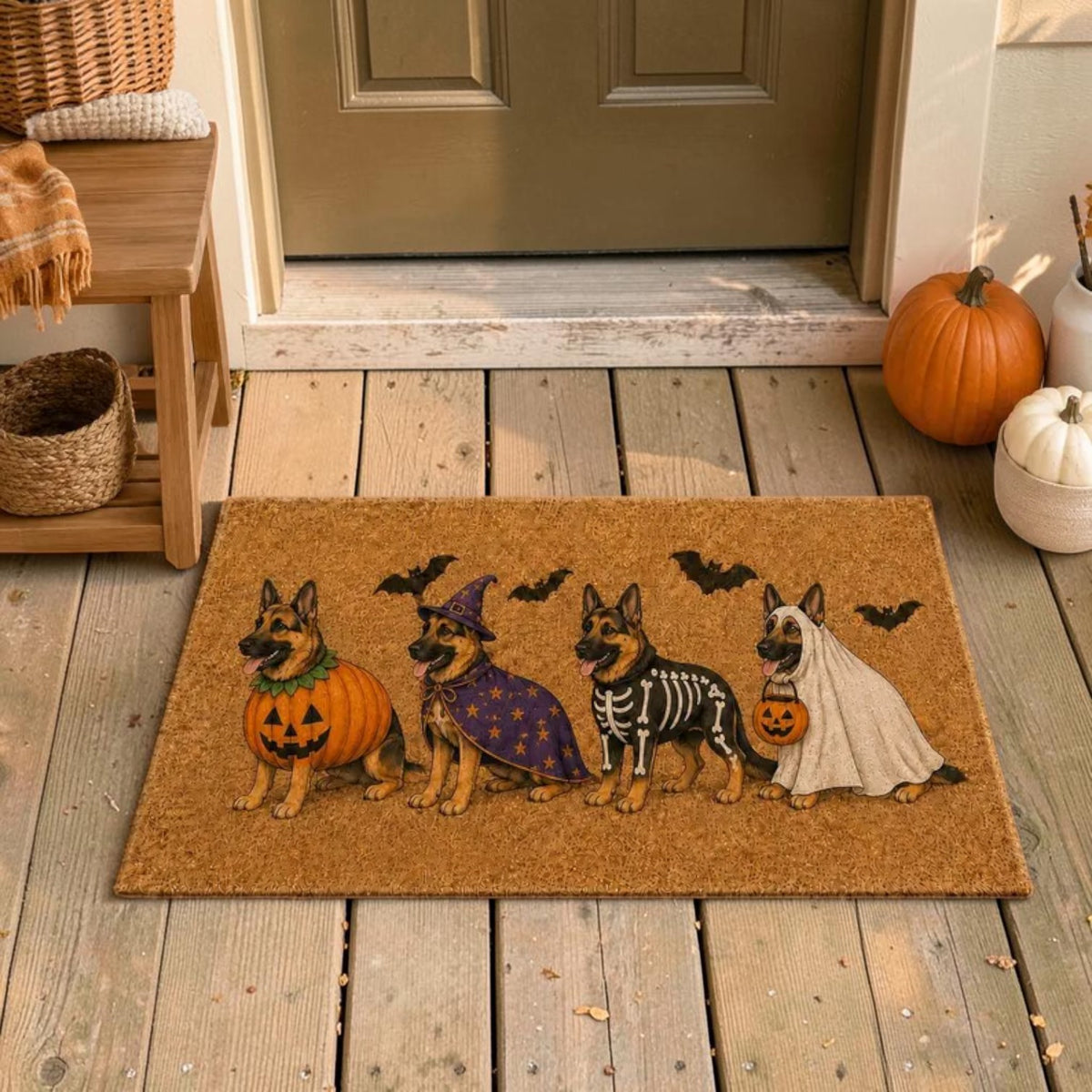 Cute German Shepherd Dogs In Halloween Costumes Welcome Doormat