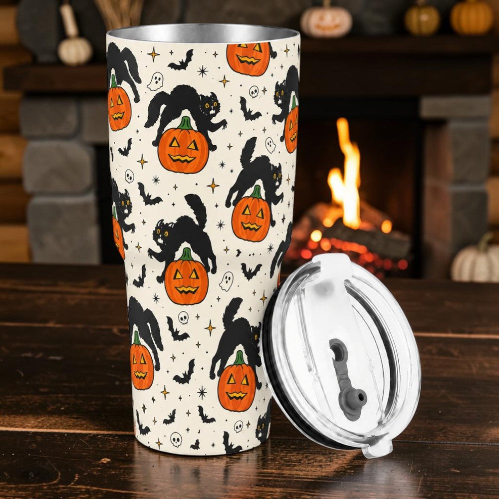Vintage Jack-o'-Lantern Cat Coffee Cup Fall Pattern Drinkware
