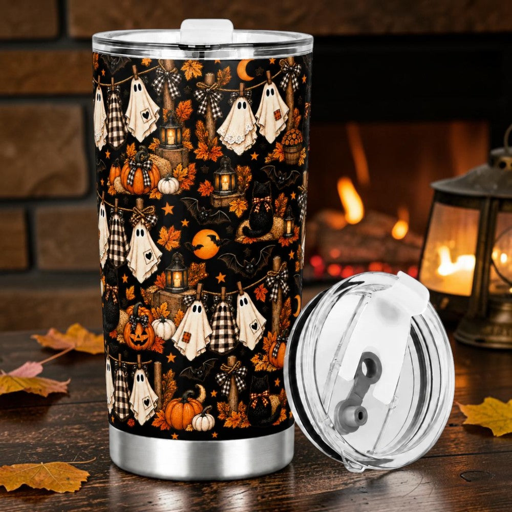 Cute Clothesline Ghosts Coffee Cup Cozy Fall Pattern Drinkware