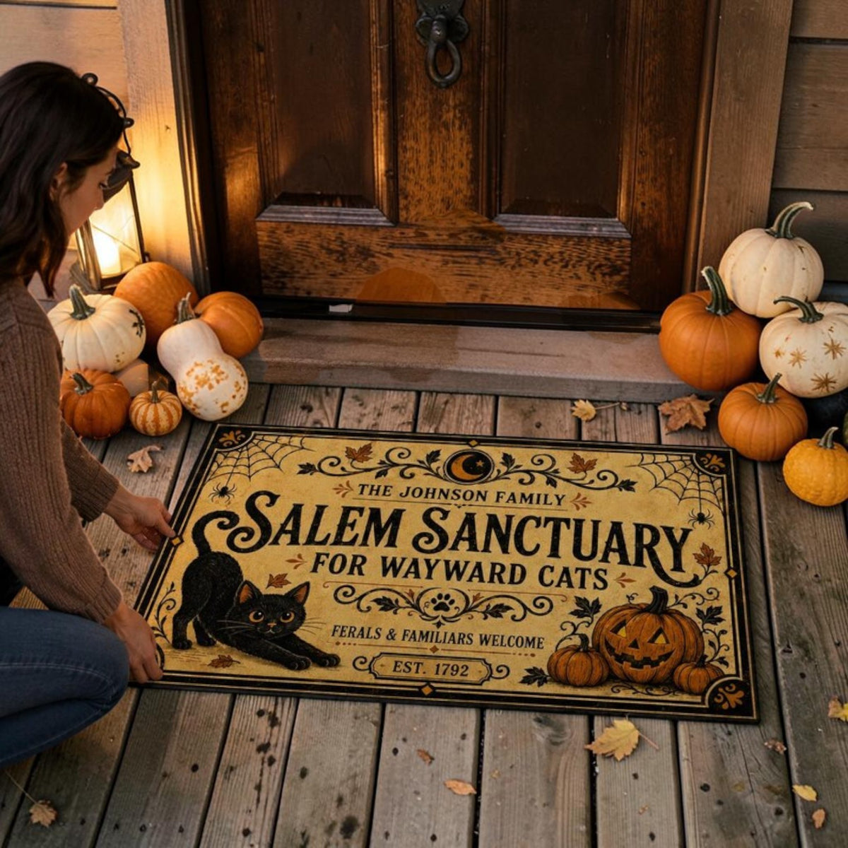 Personalized Vintage Salem Sanctuary Black Cat Halloween Doormat